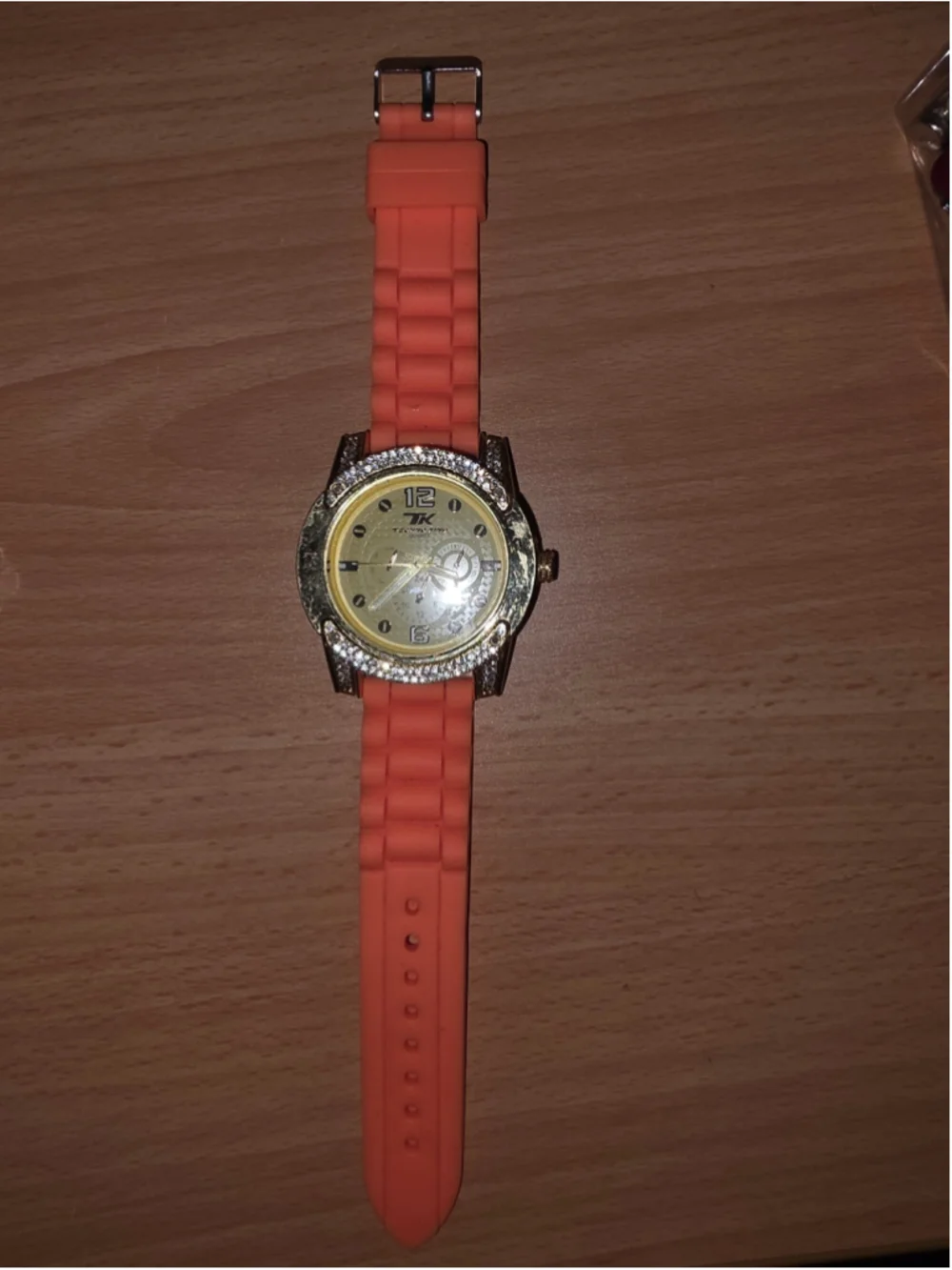 Techno King WA6858G Men's Gold Tone Watch Orange Silicone Band Crystal Bezel